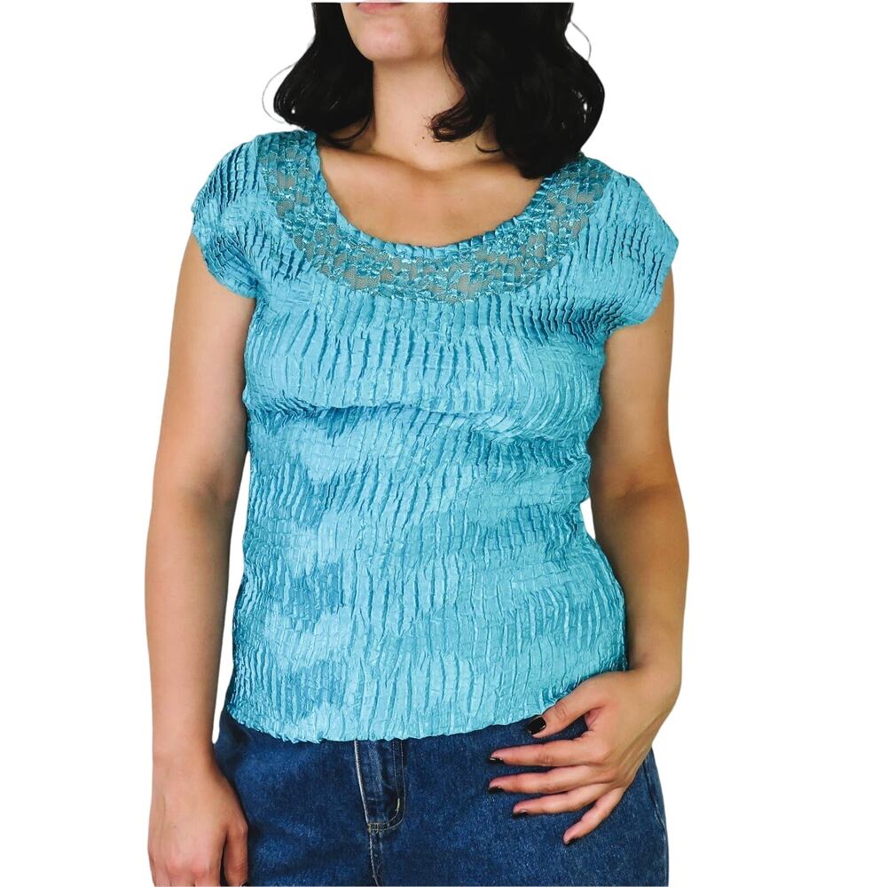 90s Vintage Nicola Teal Blue Popcorn Shirt Medium